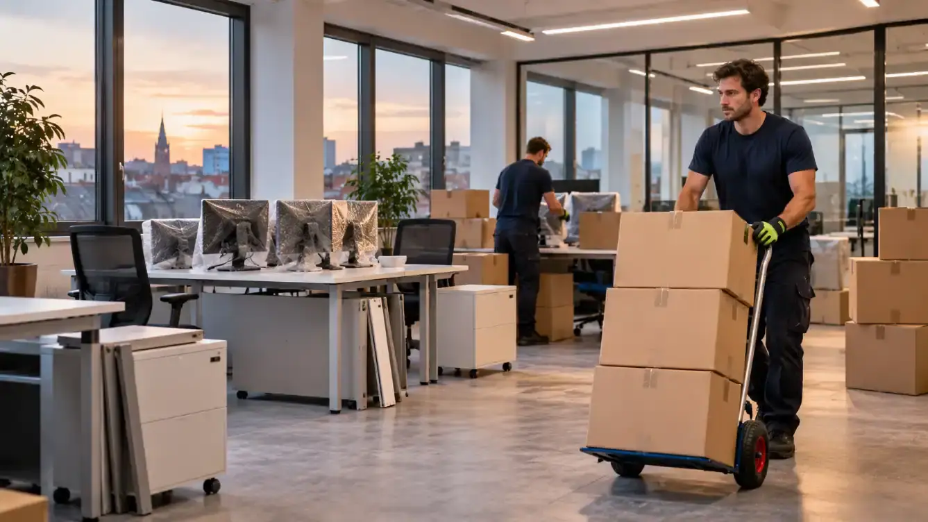 Möbelpacker bringt Umzugskartons auf einer Sackkarre durch ein Büro