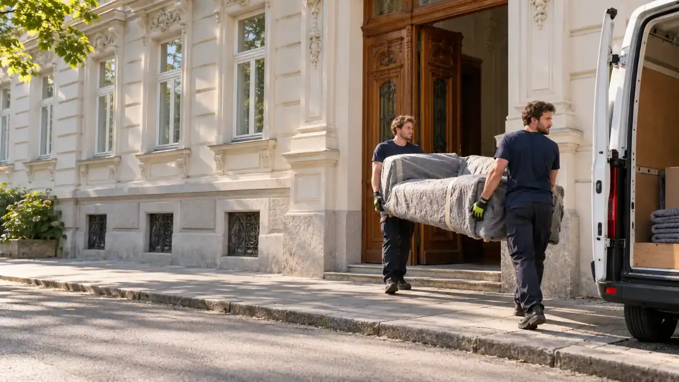 Zwei Möbelpacker tragen ein verpacktes Sofa aus einem Wiener Altbau zum Umzugswagen