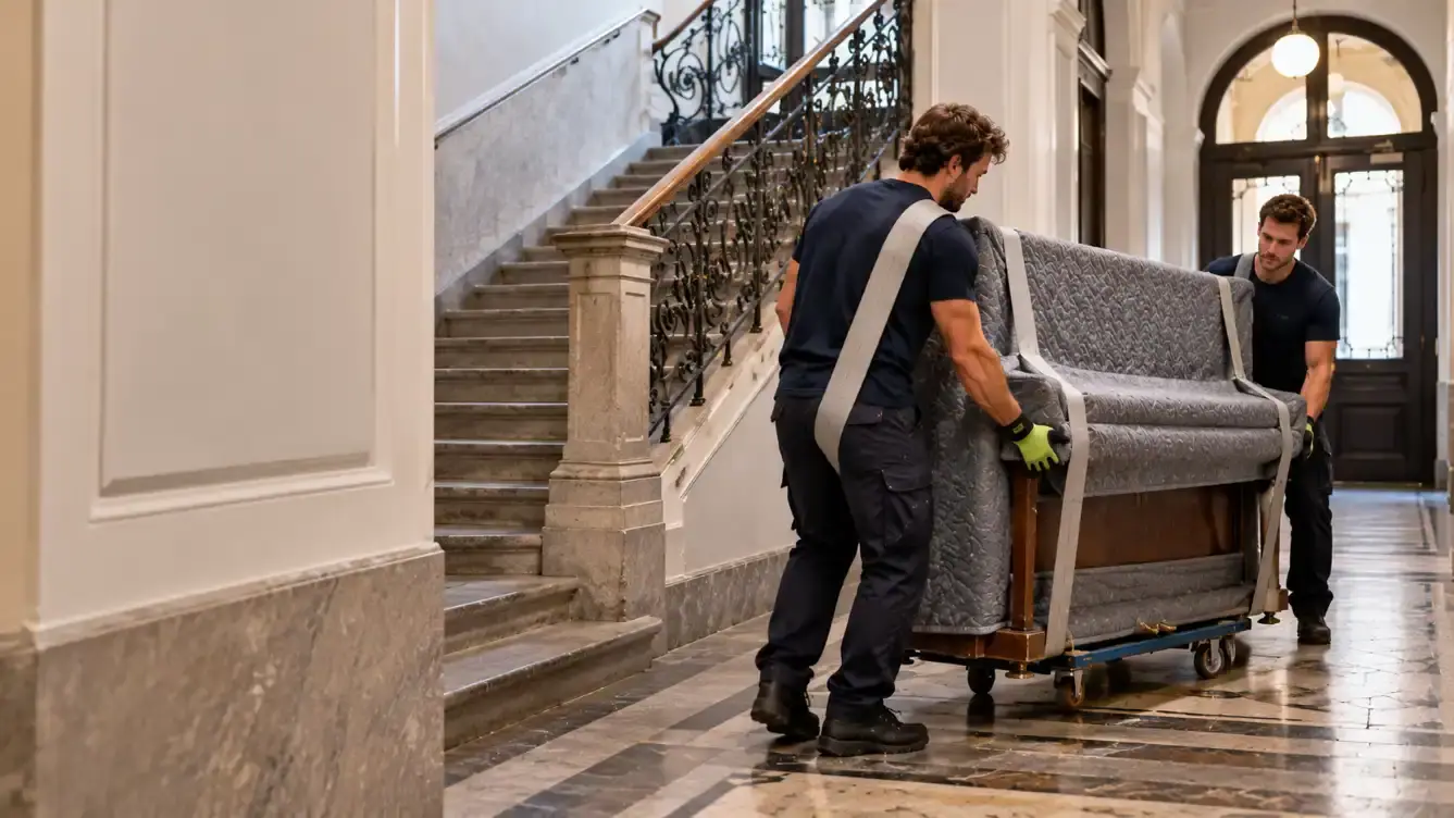 Klavier wird durch ein Stiegenhaus transportiert