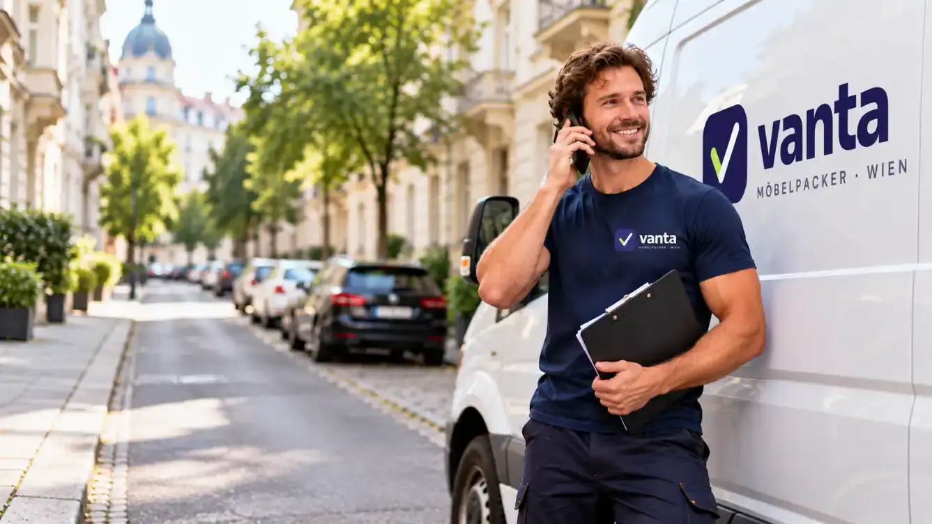 Möbelpacker von Vanta telefoniert neben dem Umzugswagen