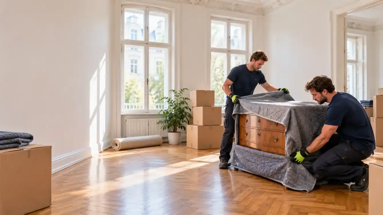 Möbelpacker verpacken eine Kommode in einer Altbauwohnung